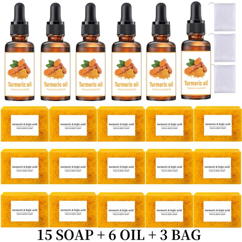 Turmeric Skincare Set, 15pcs Turmeric Kojic Acid Soap & 6 Counts Turmeric Oil & 3 Counts Soap Bag, Body Care for Women & Men