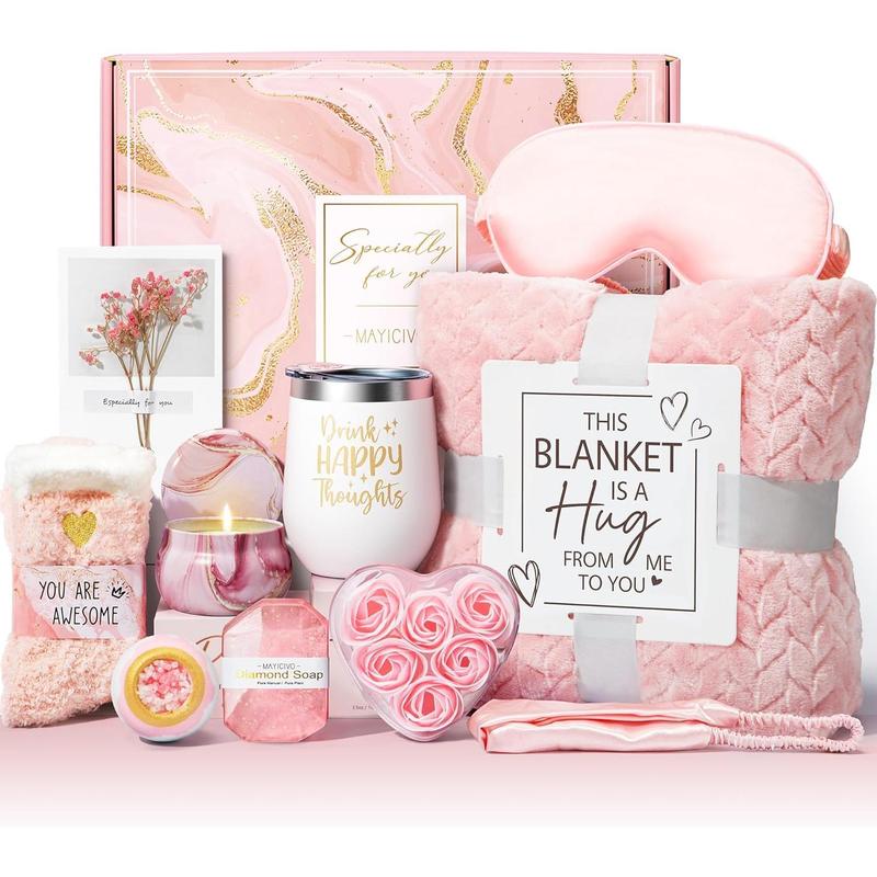 Birthday Gifts for Women Self Care Gifts Get Well Soon Gifts, Rose Relaxing Spa Gifts Basket Care Package w  Luxury Flannel Blanket, Unique Christmas Gifts Idea for Mom Her Best Friends Sister Wife