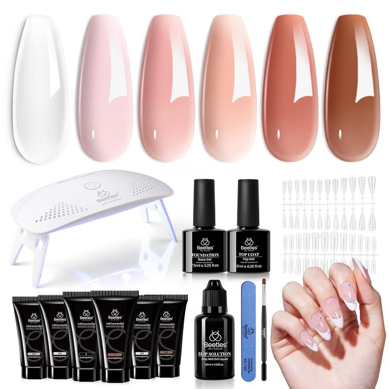 Beetles Poly Nail Gel Kit with Uv Light Starter Kit-6 Colors Clear Nude Brown Neutral Colors All In One Kit Poly Nail Extension Gel Set Builder Hybrid Jelly Gel with Base Top Coat Gift for Women