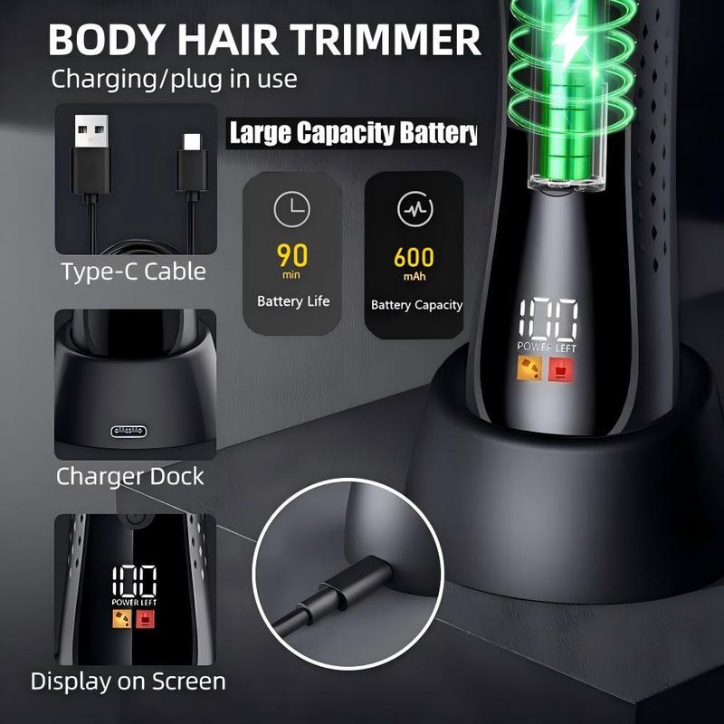 Electric Hair Trimmer with LCD Display, 1 Box IPX7 Waterproof Body Groomer for Pubic Body Groin Grooming, USB-C Charging Hair Removal Tool for Men