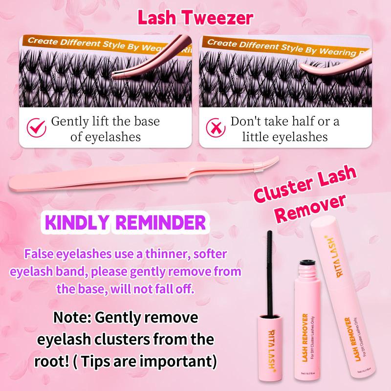 Mixed Length D Curl Cluster False Eyelashes with Lash Bond & Seal & Remover & Tweezers, 1 Box DIY Eyelash Extension Kit, Summer Makeup, Christmas Gift