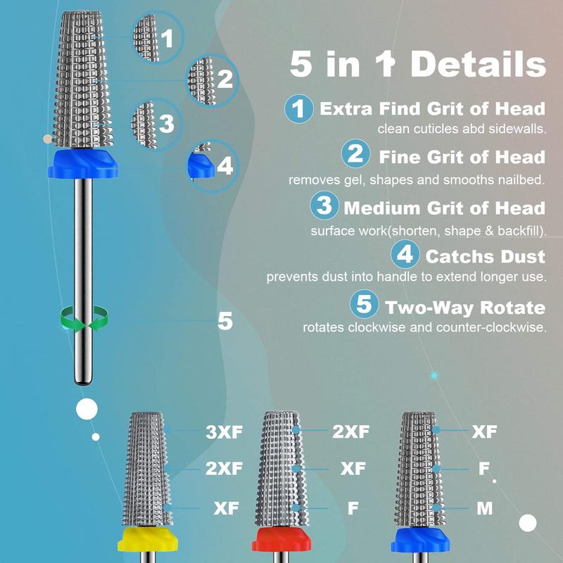 5 in 1 Nail Drill Bit Set, 3 Counts Two Way Rotate Use for Both Left and Right Handed, Nail Drill Bit Set for Acrylic Nail Gel