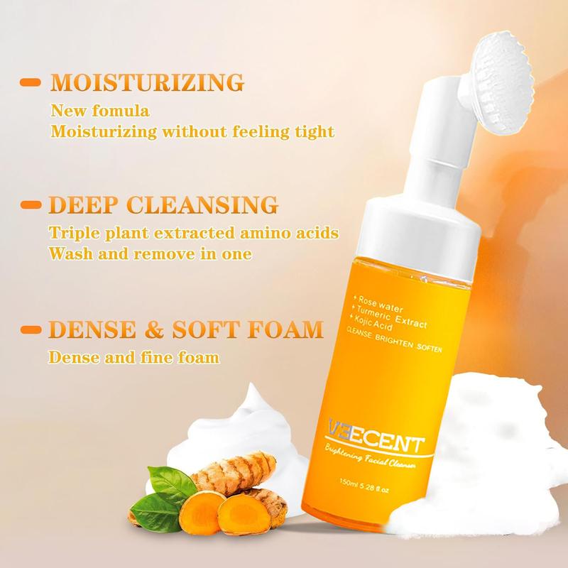 Veecent 150ml Turmeric + Kojic Acid Foaming Facial Cleanser + Silicone Brush for Hydrating and Cleansing