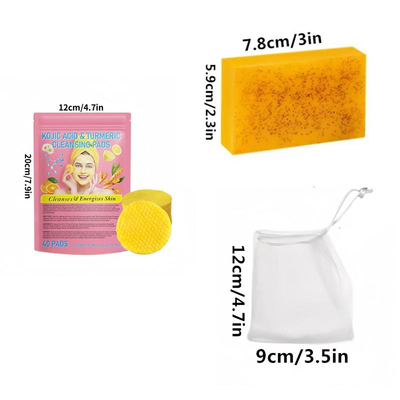 Turmeric Kojic Acid Soap & Cleansing Pads Set, 18pcs set Deep Cleansing & Moisturizing Skin Care Product for Men & Women All Skin Types