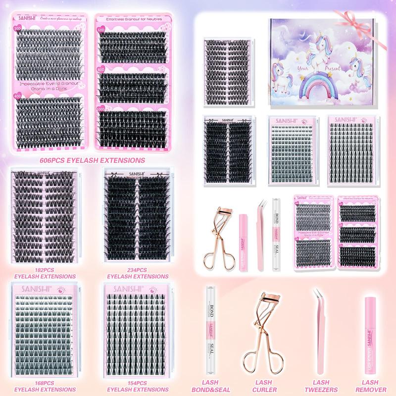 Eyelash Extension Kit, 1 Set Including 5 Boxes Cluster Lashes & Eyelash Bond & Tweezers & Eyelash Remover & Eyelash Curler, Suitable for Home & Travel