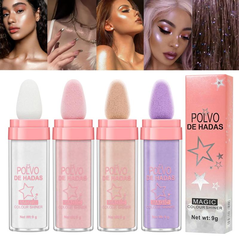 4 Color Polvo De Hadas Fairy Dust Highlight Patting Powder - Full Body Contouring and Clavicle Pearlescent Patting Powder for Face and Eye, Halloween Sparkling Body Glitter Powder (4 Pack),Summer Gifts，Body Highlighting Cosmetic