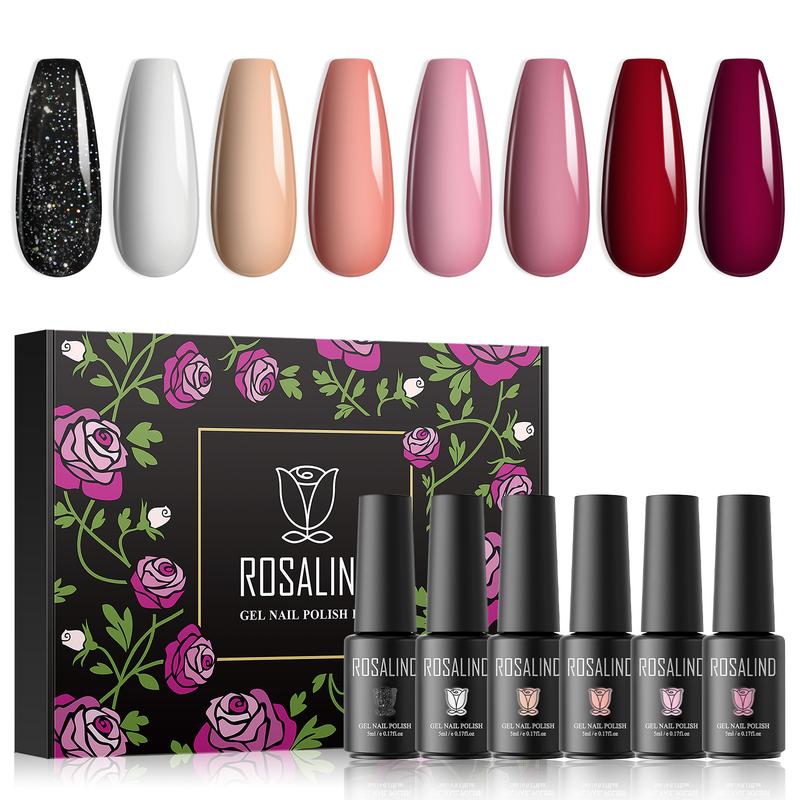 ROSALIND 8PCS Gel Nail Polish Set,White Red Black Glitter Gel Polish Long Lasting Gel Collection