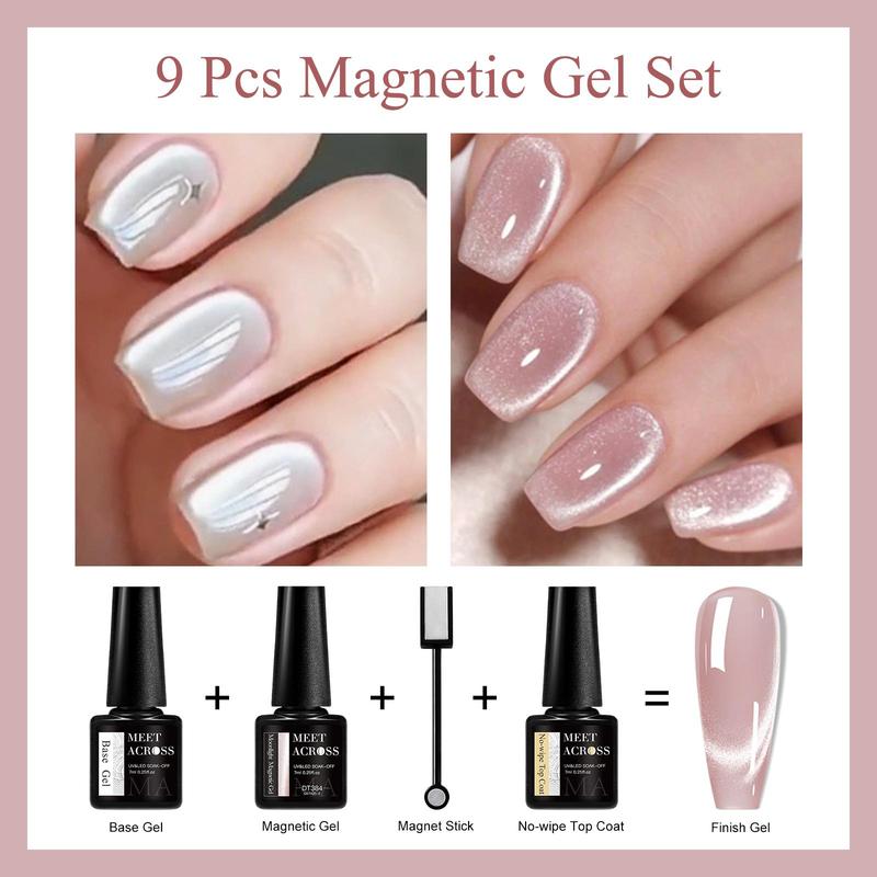 Magnetic Gel Nail Polish Set with Base Gel & Top Coat, 9 Counts set Shiny Aurora Cat Eye Effect Magnetic Gel, for Nail Art Enthusiasts and Beginners, Christmas Gift