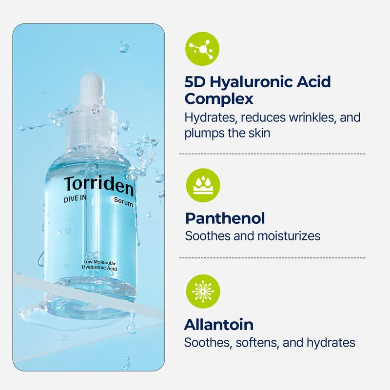 Torriden DIVE-IN Low-Molecular Hyaluronic Acid Serum, 1.69 fl oz Korean Moisture Skincare Skin Repair Comfort Hydrate Moisturize Hydrating