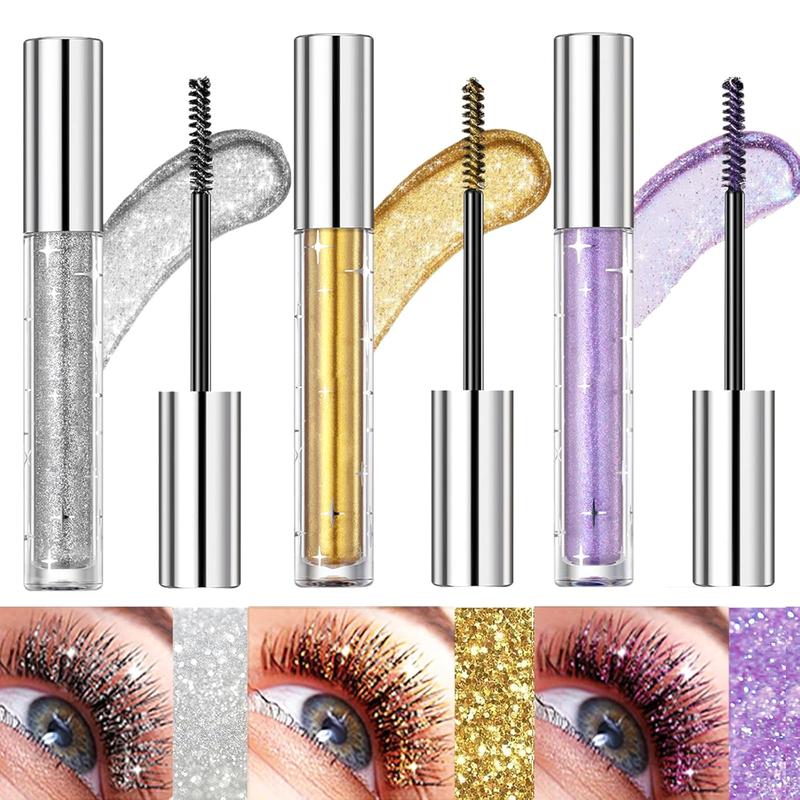 3PCS Glitter Mascara Eyeshadow, Lengthening Volumizing Colorful Mascara, Sparkling Diamonds Silver Diamond Mascara, Waterproof Colorful Lashes for Eyelashes,Party Wedding