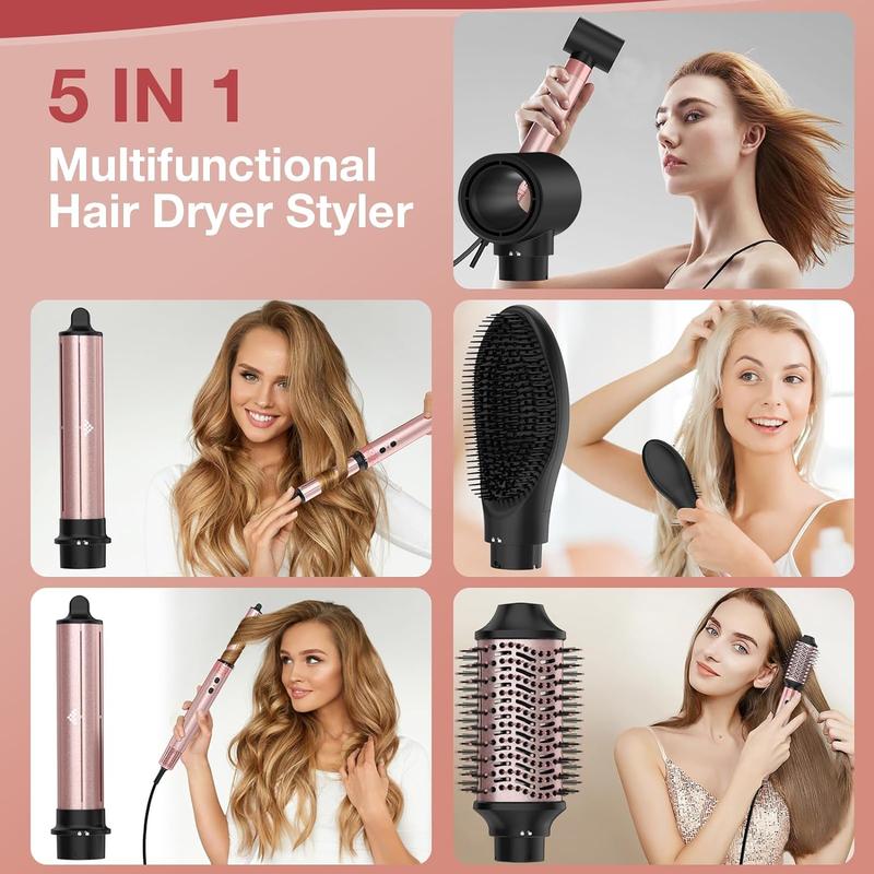 Hair Dryer Brush, 5 in 1 Blow Dryer Brush with Negative Ion, Detachable and Interchangeable Brush Blow Dryer for Straightening Curling Drying Combing Scalp Massage Styling, Hot Air Brush with Glove