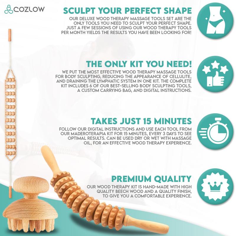 COZLOW 6-in-1 Wood Therapy Massage Tools, Professional Maderoterapia Kit for Body Shaping & Sculpting, Lymphatic Drainage Massage Rollers w Wooden Cup & Scraper for Reducing Cellulite Appearance