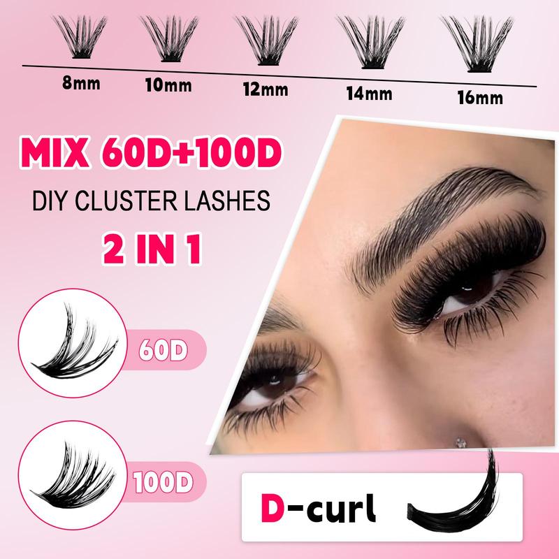 Mixed Length D Curl Cluster False Eyelashes with Lash Bond & Seal & Remover & Tweezers, 1 Box DIY Eyelash Extension Kit, Summer Makeup, Christmas Gift