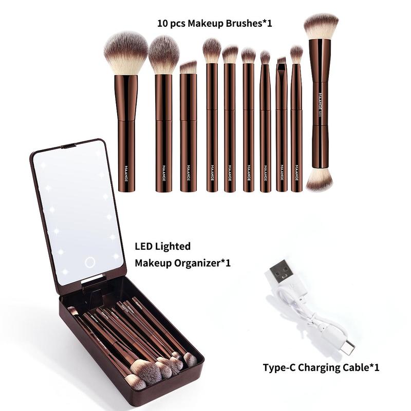 Professional Soft Makeup Brush Set with LED Light Storage Box, 10pcs set Makeup Brush with Comfortable Grip, Makeup Accessories for Women & Girls, Christmas Gift