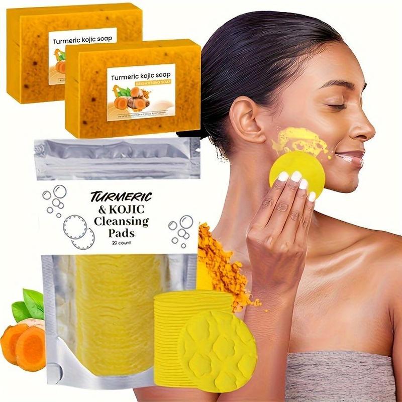 Turmeric Cleansing Set, 2 Counts Turmeric Lemon Curd Soap & 20pcs pack Turmeric Cleansing Pads for Face Care, Personal Skin Care Products