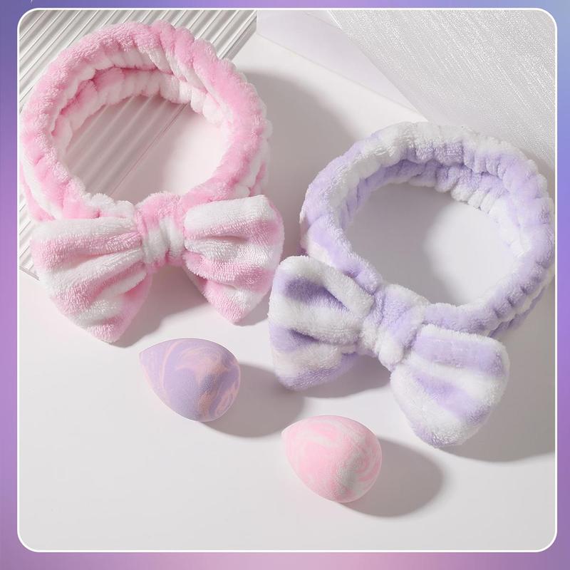 2pcs Mixed Color Soft Makeup Sponges & 2pcs Fluffy Bowknot Decor Headbands, Fashion Makeup Tools For Women & Girls