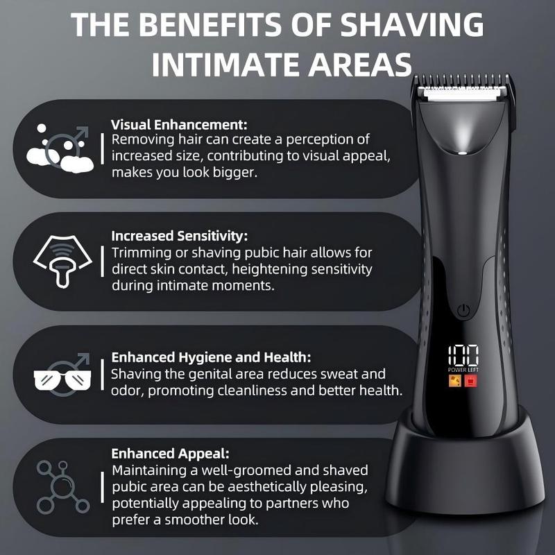 Electric Hair Trimmer with LCD Display, 1 Box IPX7 Waterproof Body Groomer for Pubic Body Groin Grooming, USB-C Charging Hair Removal Tool for Men