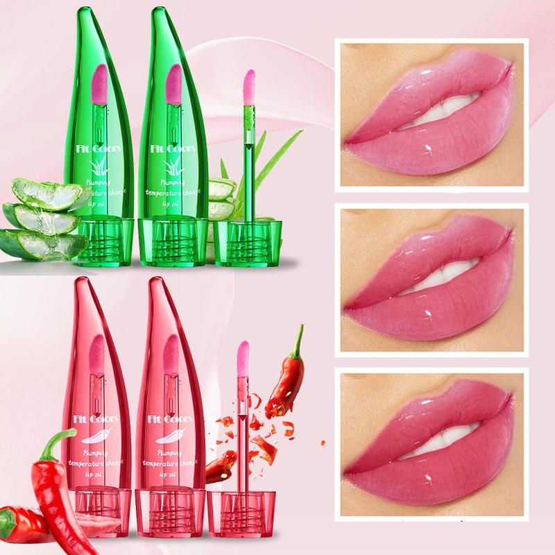 Aloe Vera & Chili Oil Lip Gloss, 4 Counts set Moisturizing Temperature Changing Lip Oil, Glossy Lip Glaze, Plumping Lip Oil for Girls & Women