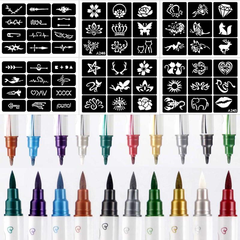 Body Face Art Tattooing Marker Pen Kit, 10pcs Temporary Tattoo Marker Pen & 6 Sheets Tattoo Stencils, Body Makeup Tool for Women & Men