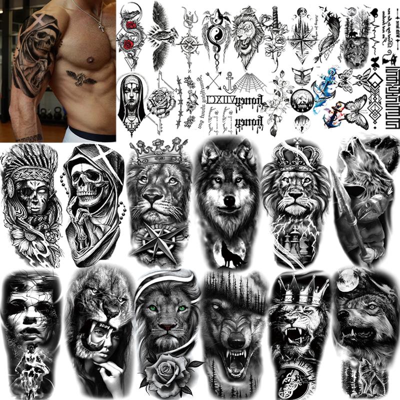 32 Sheets Temporary Tattoos Stickers, 12 Sheets Fake Body Arm Chest Shoulder Tattoos for Men or Women with 20 Sheets Tiny Black