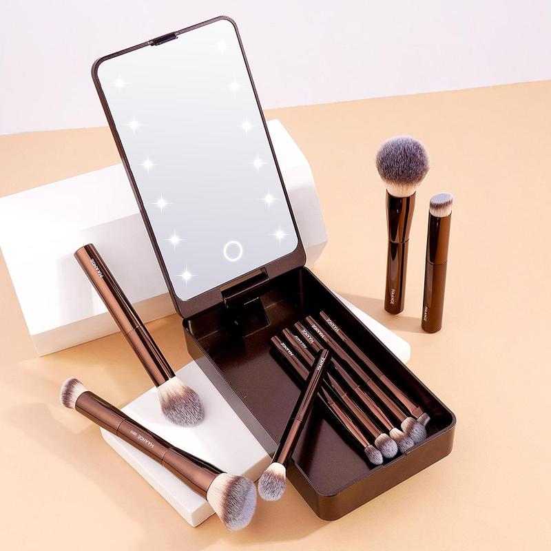 Professional Soft Makeup Brush Set with LED Light Storage Box, 10pcs set Makeup Brush with Comfortable Grip, Makeup Accessories for Women & Girls, Christmas Gift