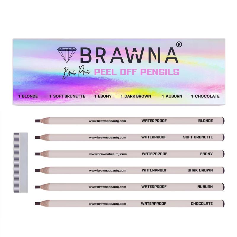 BRAWNA 6 Pack Brow Pro Peel Off Pencils with Sharpener - Waterproof Mapping Pencils - Light Medium Dark Brown