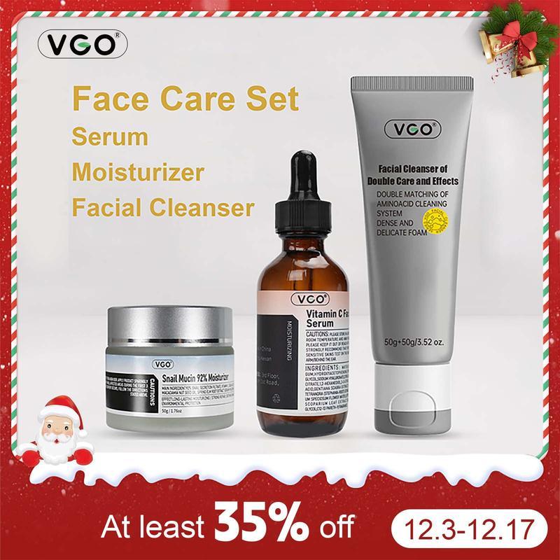 VGO Skin Set: Vitamin C Serum, Moisturizer, Cleanser. For sensitive skin. Cleanse, Moisturize, Repair. Clear  Smooth Acne Gentle Moisture