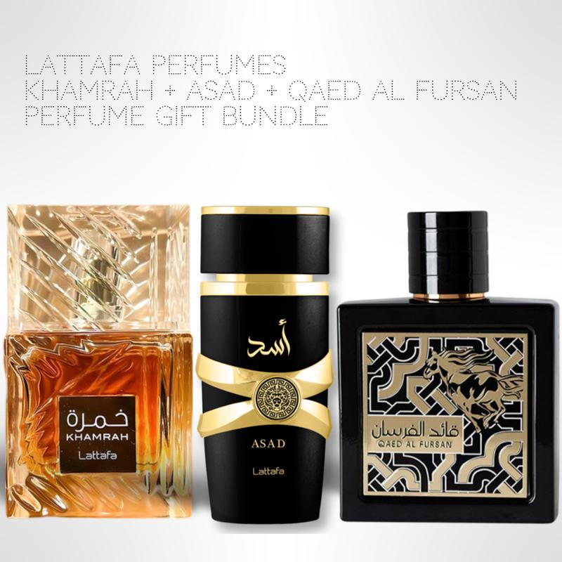 Lattafa Perfumes Khamrah + Asad + Qaed Al Fursan 100ml (3.4 Fl oz) Long Lasting Perfume - Value Bundle - Fragrance Gift Bundle