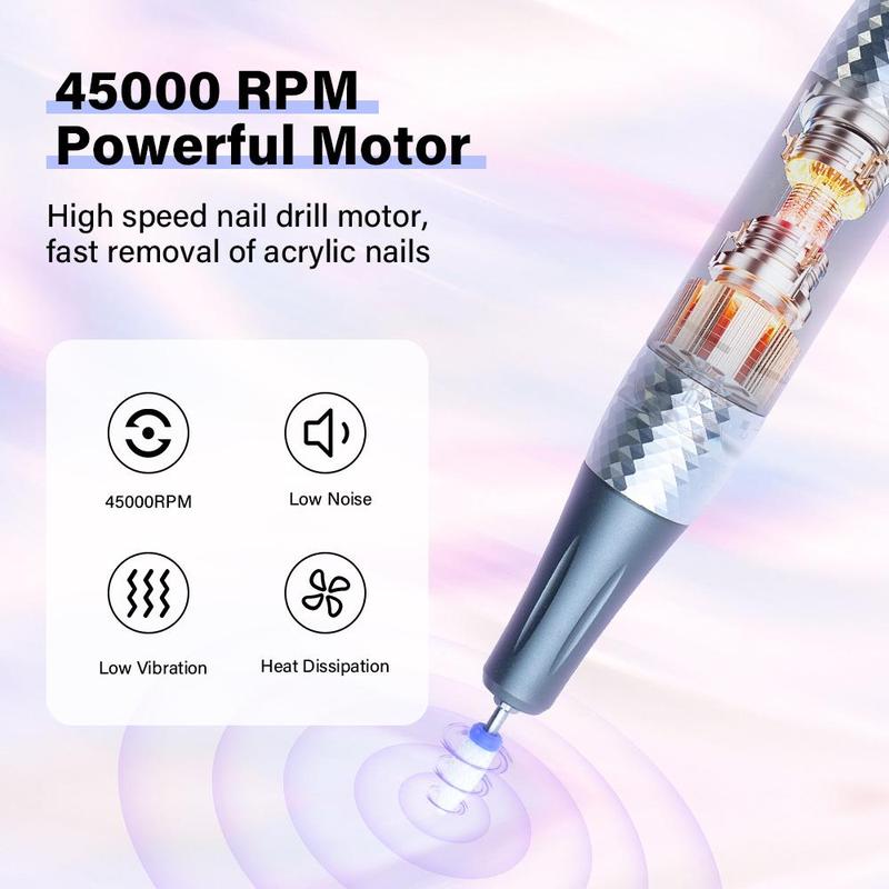 Professional 45000RPM Electric Portable Nail Drill Machine, 1 Set Rechargeable Low Noise Nail Sander File for Manicure Salon Tool, Nail Supplies, Christmas Gift, Nail Drill