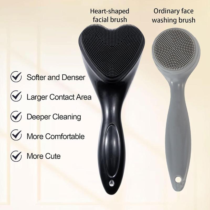 Silicone Facial Scrub Exfoliating Brush, 2-Pack Manual Handheld Cleansing Brush Blackhead Brush, Soft Bristle Waterproof for Facial Skin Care (Black, Heart Shape)