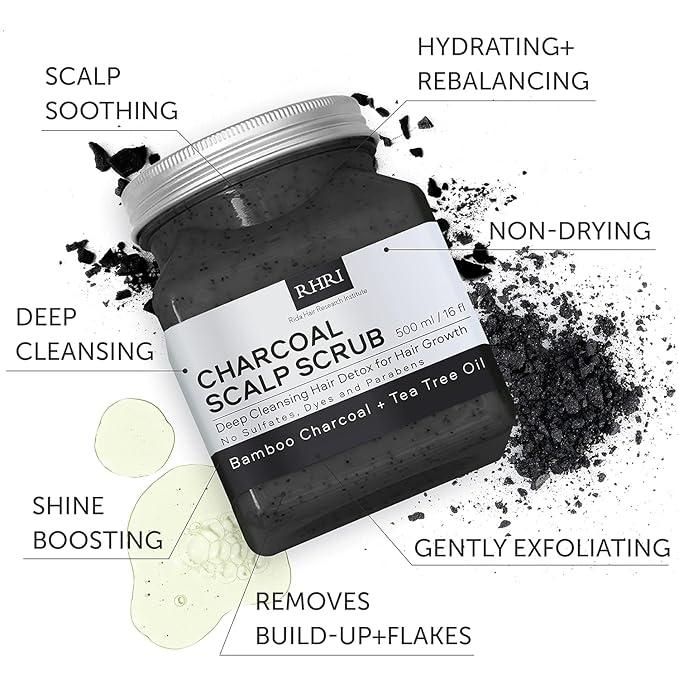 Rida Hair Research Institute 16 fl oz Sulfate-Free Charcoal Scalp Scrub with Bamboo Charcoal & Tea Tree Oil | Exfoliating Hair & Scalp Treatment for Detox, Dandruff & Build-Up | Scalp Exfoliator Scrub