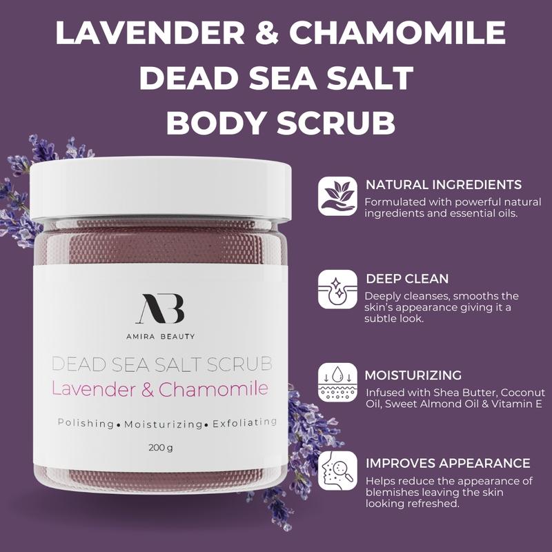 Amira Beauty Dead Sea Salt Body Scrub | Lavender & Chamomile | Foaming Shower Scrub with Organic Essential Oils | Exfoliates and Moisturizes Skin | 7 OZ Body Care Silky Exfoliant Soothing