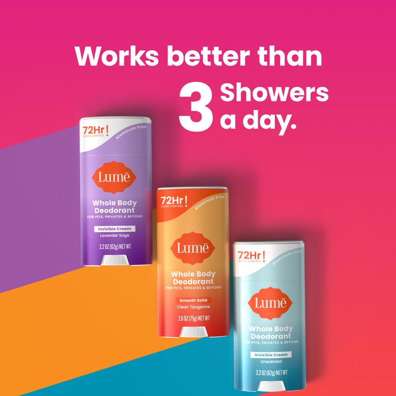 Lume Just Take A Shower Bundle: Solid Stick Deodorant, Body Wash, Wipes, Mini Cream Deodorant. Body Care Pack