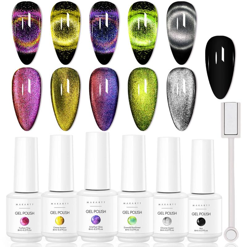 Makartt 9D Magnetic Cat Eye Gel Polish Set - 6 Colors (Yellow, Purple, Silver, Rose Red, Green, Black Hole) with Magnet Stick, 8ml Nail Nail Art