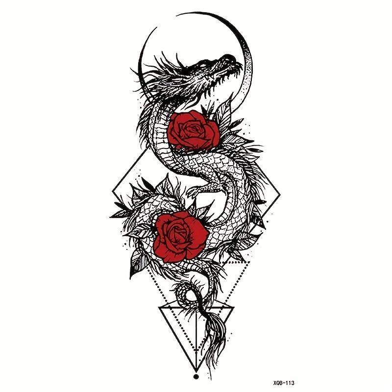 Dragon & Rose Pattern Temporary Tattoo Sticker, 1 Count Creative Temporary Tattoo Sticker, Body Art Sticker for Party & Festival