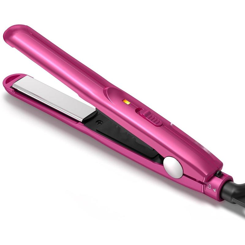 Mini Flat Iron for Travel, 1 2'' Small Hair Straightener for Short Hair Bangs, 0.5'' Portable Ceramic Straightening Irons, Dual Voltage, Pouch Included, Compact Size, Pink