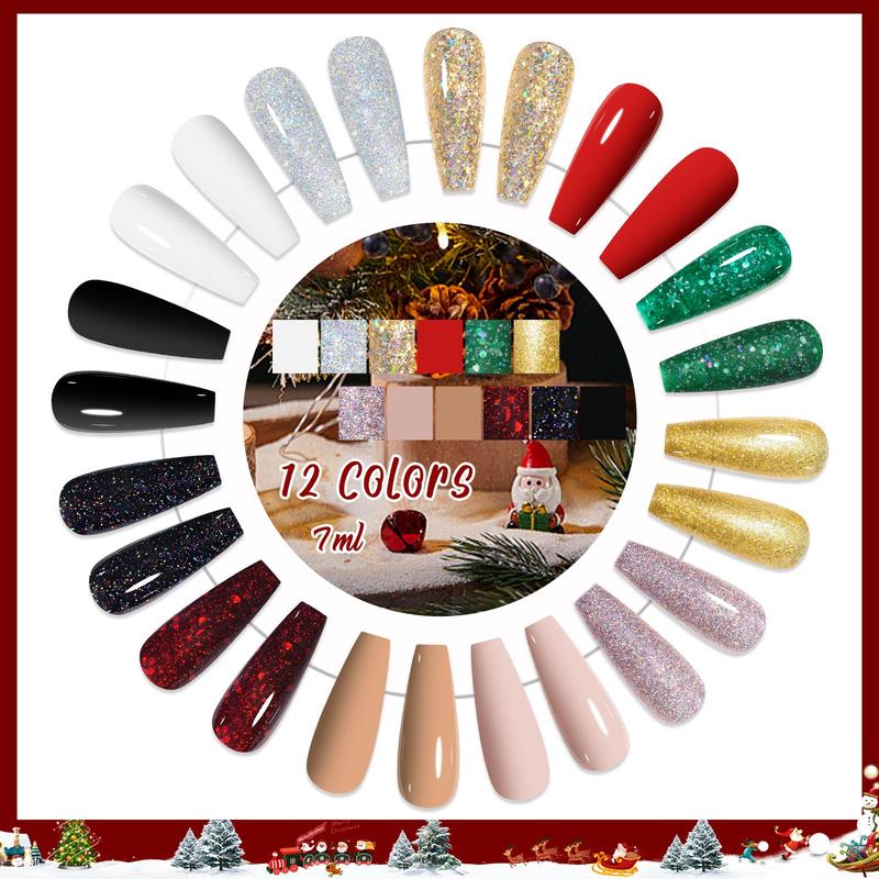 Color Gel Nail Polish Set, 12pcs set Winter Colors Semi Permanent Sparkle Gel Nail Varnish, UV LED Soak Off Gel Nail Polish