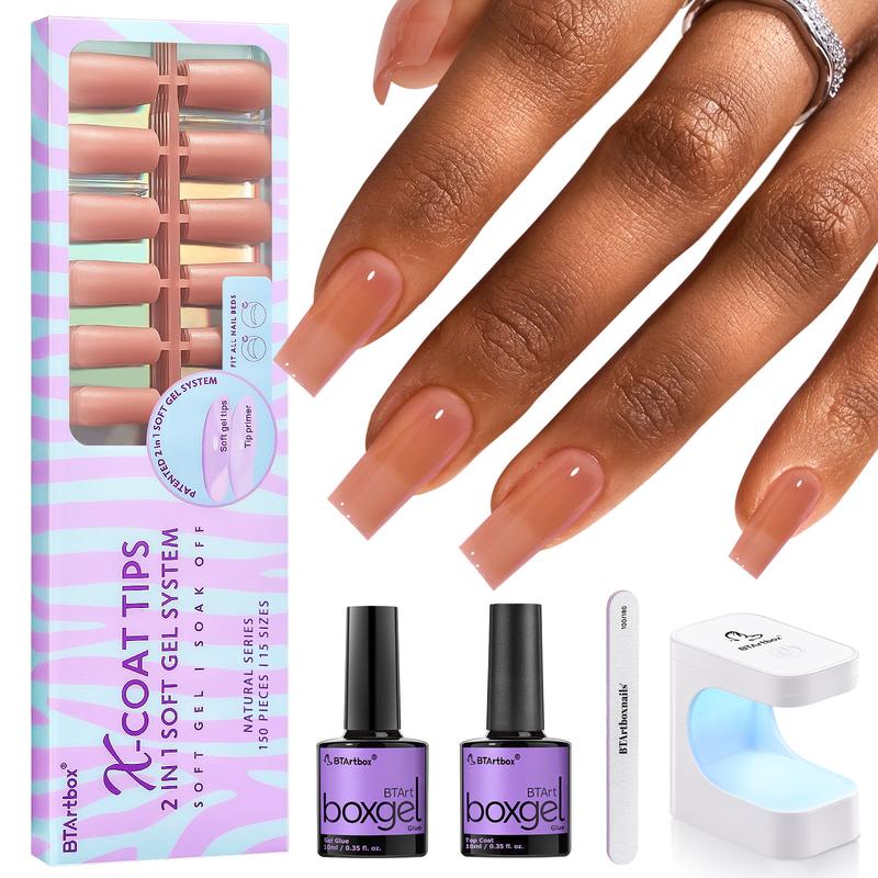 btartboxnails Soft Gel Press on nails Kit - 25.99$ XCOATTIPS Nail Tips Kit with Nail Glue,Topcoat,  Square or Almond or Coffin Long Brown Fake Nails