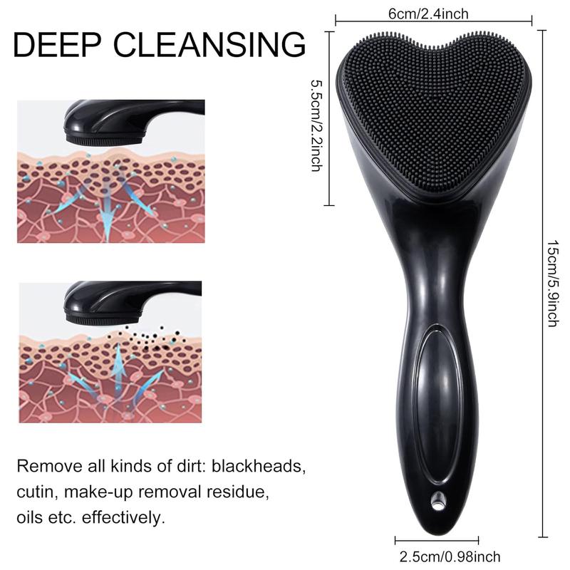 Silicone Facial Scrub Exfoliating Brush, 2-Pack Manual Handheld Cleansing Brush Blackhead Brush, Soft Bristle Waterproof for Facial Skin Care (Black, Heart Shape)