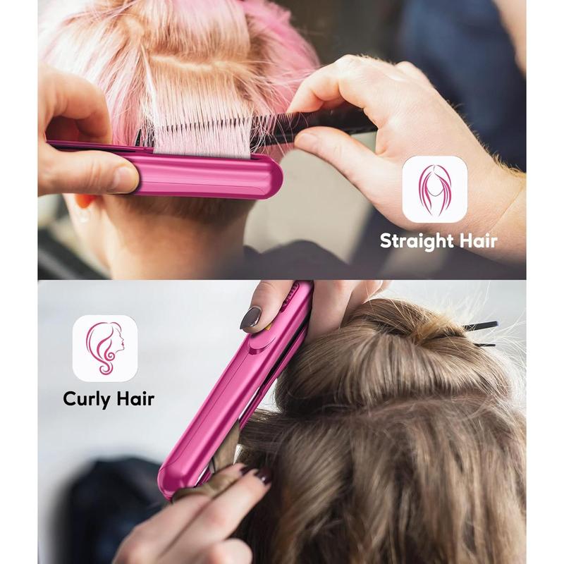 Mini Flat Iron for Travel, 1 2'' Small Hair Straightener for Short Hair Bangs, 0.5'' Portable Ceramic Straightening Irons, Dual Voltage, Pouch Included, Compact Size, Pink