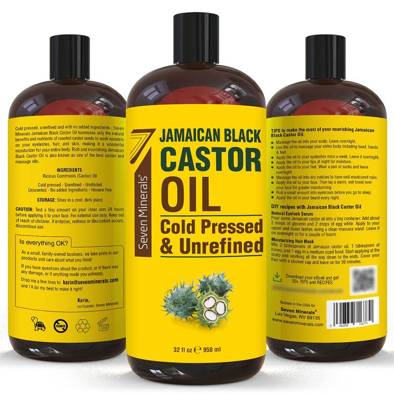 Seven Minerals, Pure Jamaican Black Castor Oil - Big 32 fl oz Bottle - Unrefined & Hexane Free Body Care Cosmetic