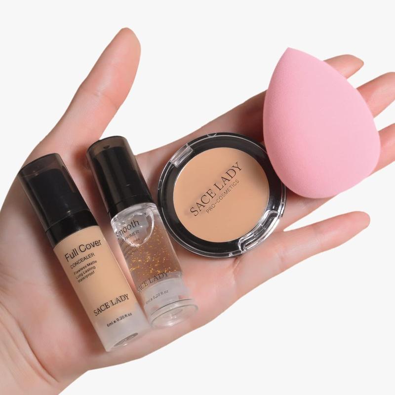 Waterproof full coverage concealer makeup kit with primer sponge-matte liquid foundation for face, eye, and acne scar cover