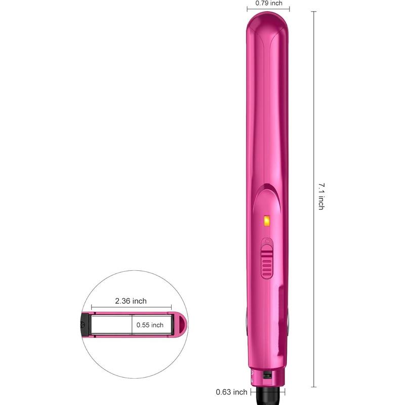 Mini Flat Iron for Travel, 1 2'' Small Hair Straightener for Short Hair Bangs, 0.5'' Portable Ceramic Straightening Irons, Dual Voltage, Pouch Included, Compact Size, Pink