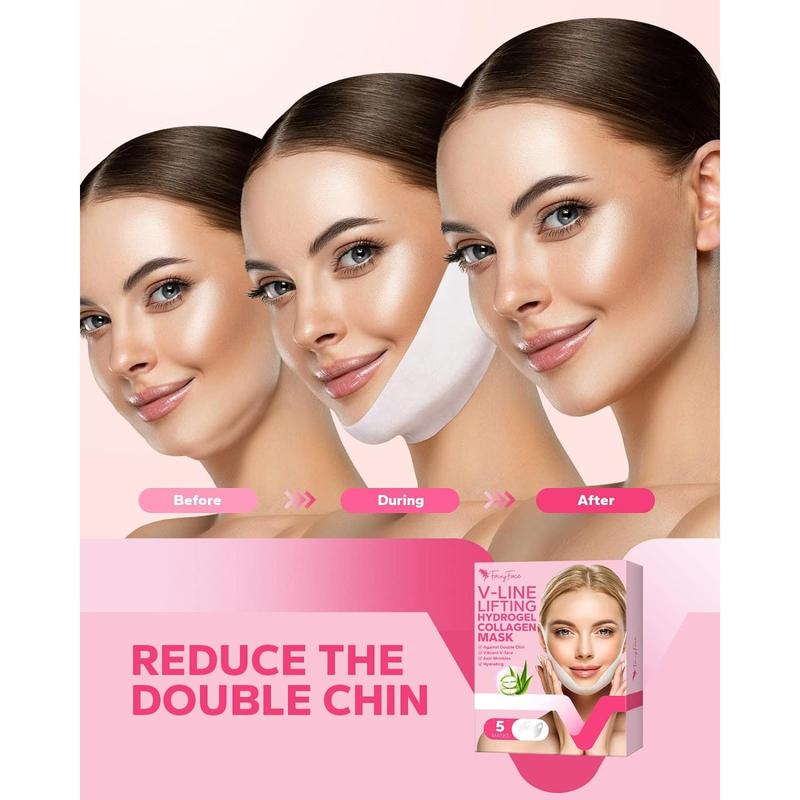 FairyFace V Line Lifting Mask, 5 Count Double Chin Reducer, Lifting Hydrogel Collagen Mask with Aloe Vera and Seaweed, Hydrating and Anti-aging, Creating a V-shaped Face Full of Vitality