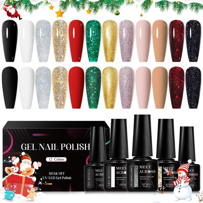 Color Gel Nail Polish Set, 12pcs set Winter Colors Semi Permanent Sparkle Gel Nail Varnish, UV LED Soak Off Gel Nail Polish