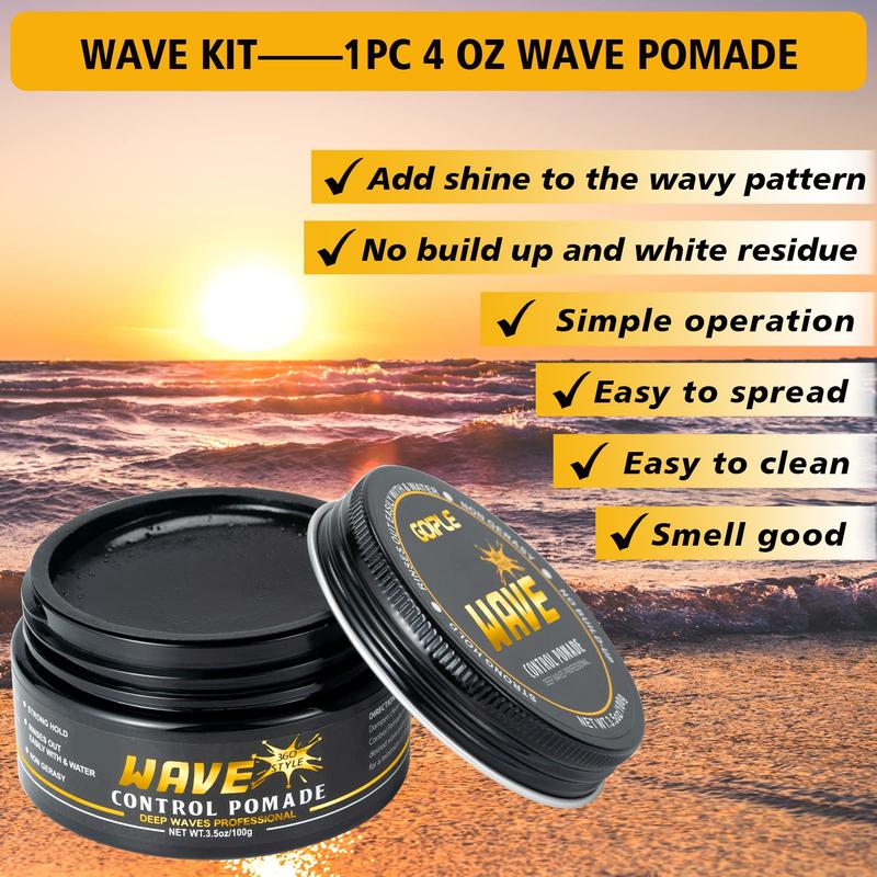 360 Wave Training Kit for Men Goiple Pomade Curved Brush Durag Cap Set Strong Hold Easy Wash Moisture Shine for Silky Waves