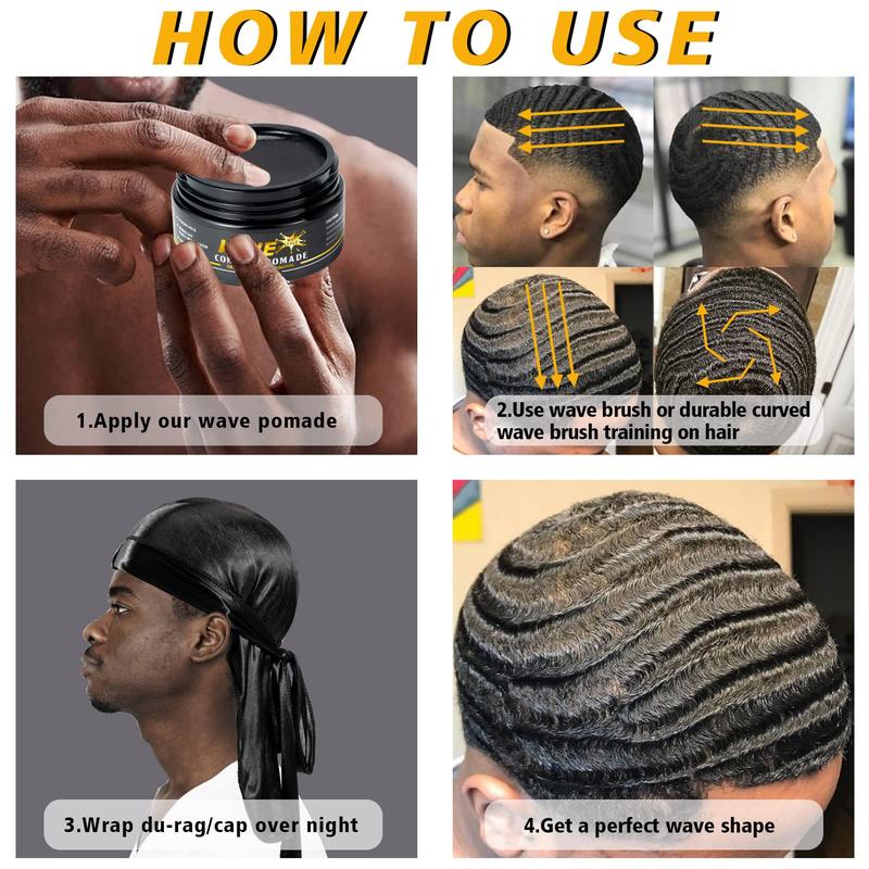 360 Wave Training Kit for Men Goiple Pomade Curved Brush Durag Cap Set Strong Hold Easy Wash Moisture Shine for Silky Waves