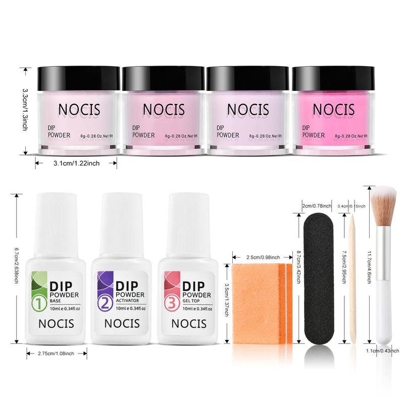 4 Colors Dip Powder Nail Starter Set, 11pcs set Nail Dipping Powder with Top Base Coat, Activator & Tools for French Nail Art, Nail Dip Powder for Home & Salon