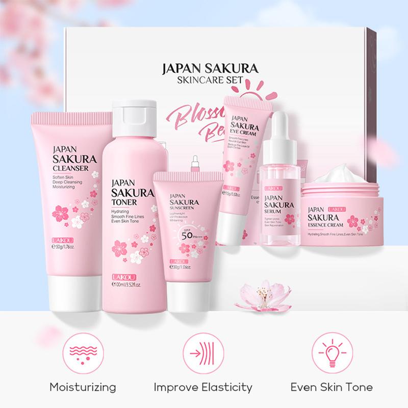 Skin Care Set JAPAN SAKURA Women Beauty Gift Sets Skin Care Kit with Cleanser, Toner, Lotion, Serum, Eye Cream, Face Cream Travel Kit for Women Teen Girls Mom Daughter TSA-friendly Sizes 6pcs