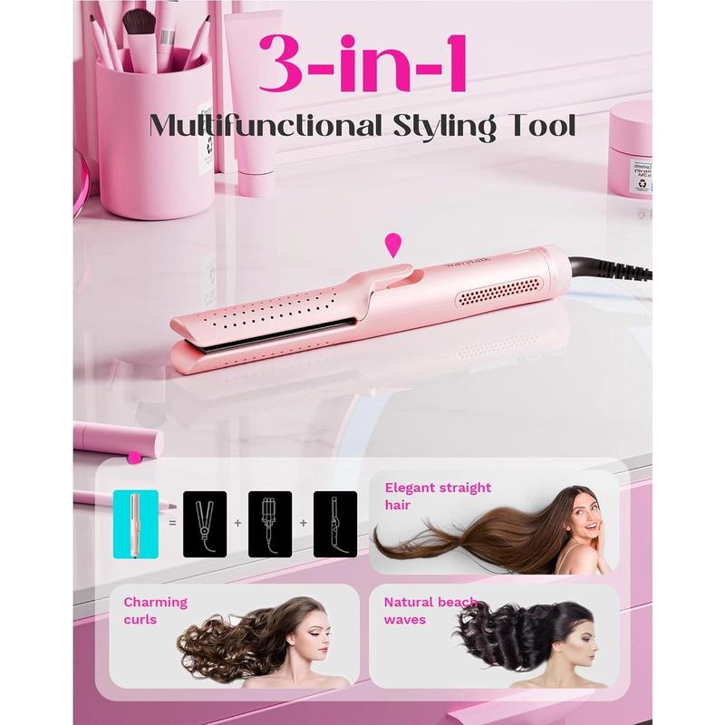 Wavytalk 1 Inch Curling Iron, Airflow Styler with 360° Cooling Air to Lock in Curls Quicker, Hair Straightener and Curler 2 in 1, Pink, 30S Heating